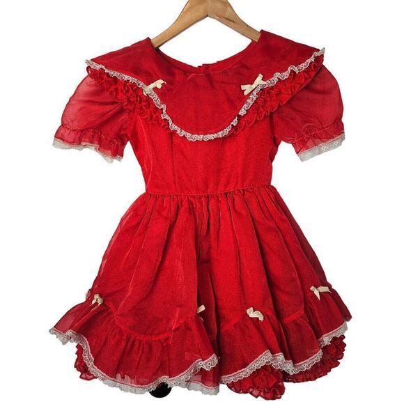 Vintage Sweet N Sassy Pageant Girls Dress Size 7 Red Ruffles Bows Bells Lace 80s - Picture 1 of 13